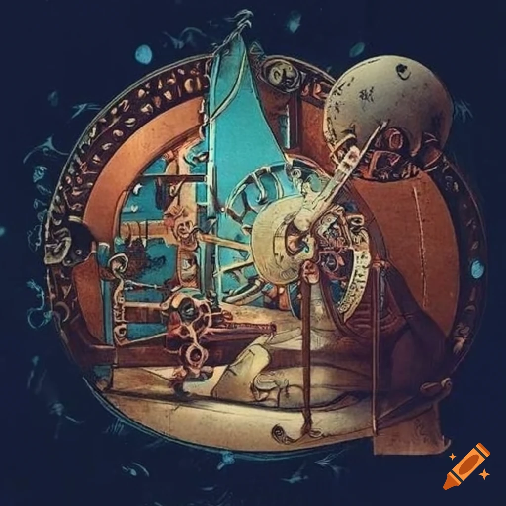mystical tarot card design featuring antique machinery
