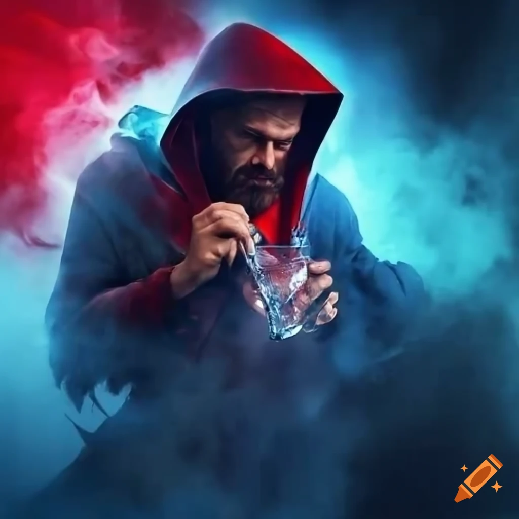 artistic depiction of a furious magician in a hood surrounded by smoke