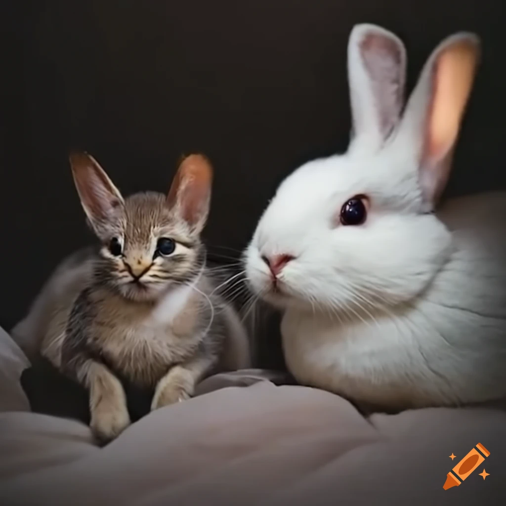 Cute rabbit and cat snuggling in bed on Craiyon