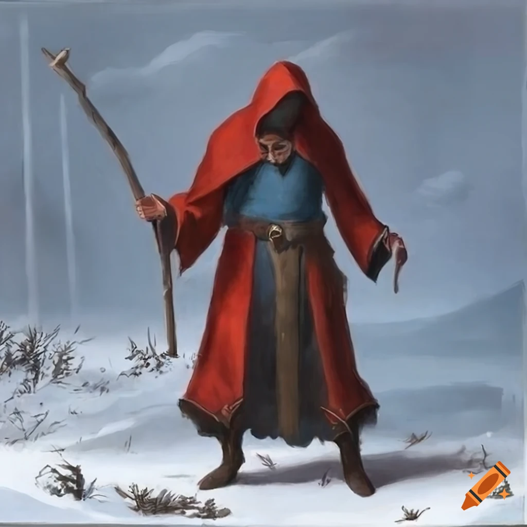 fantasy image of a mage in a snowy landscape