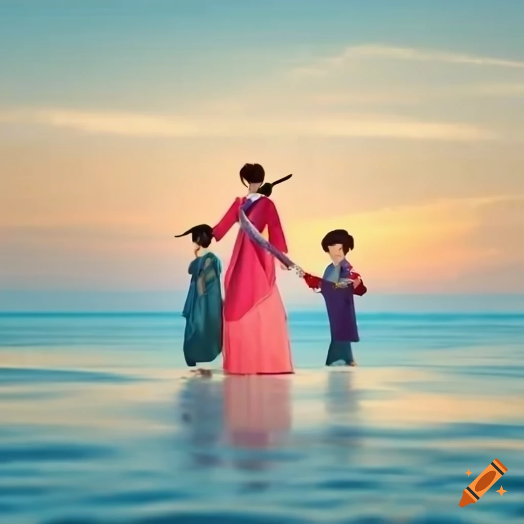 family wearing hanbok walking on the seashore