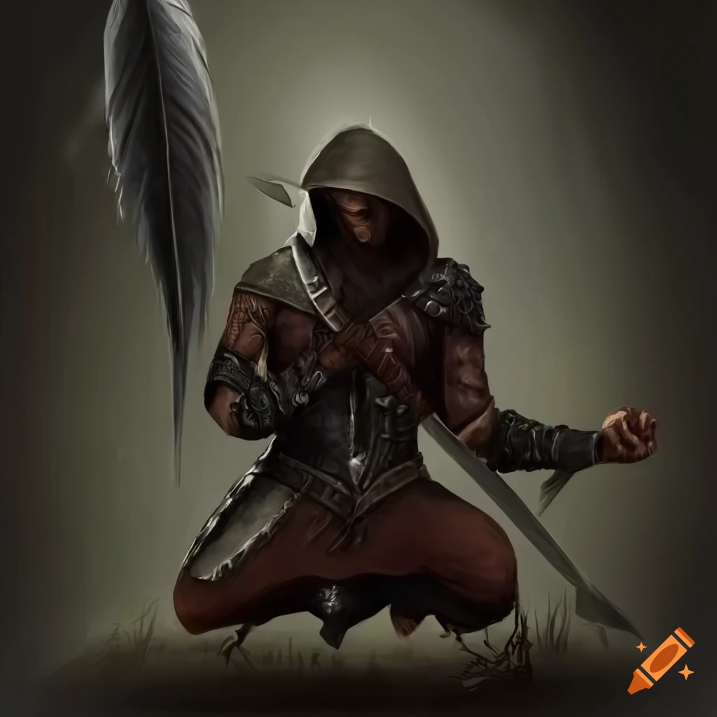 image of a kneeling assassin with a dagger and feather