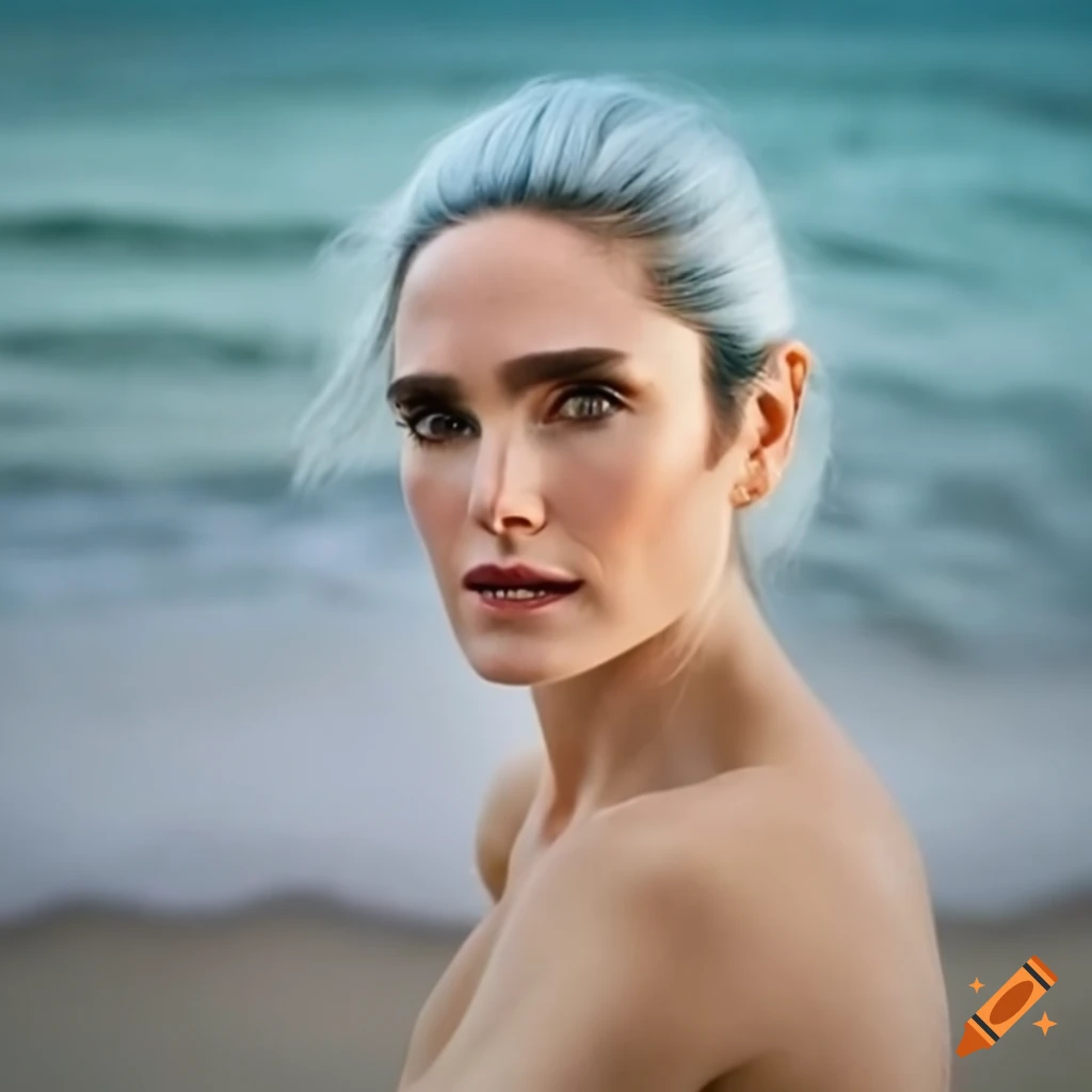 Jennifer Connelly with white hair at the beach