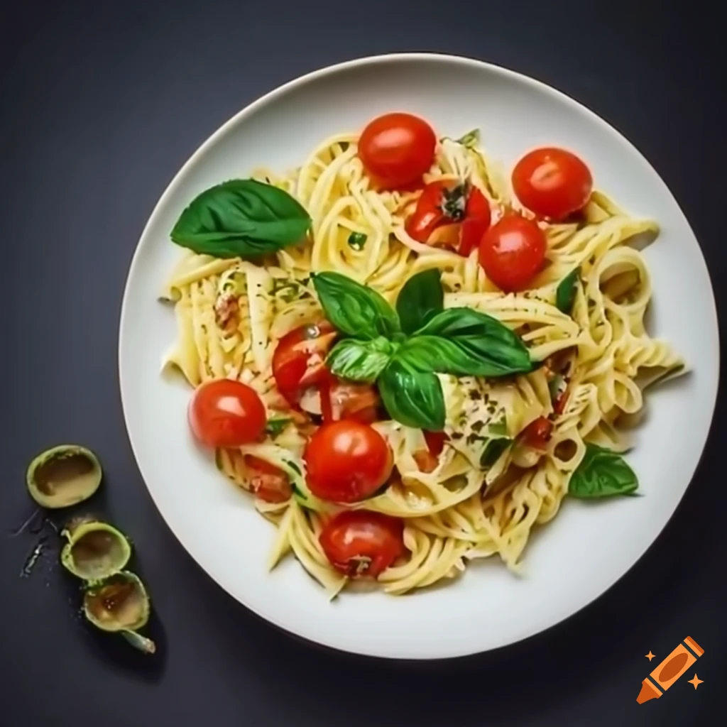 Plate of zucchini and cherry tomato pasta on Craiyon