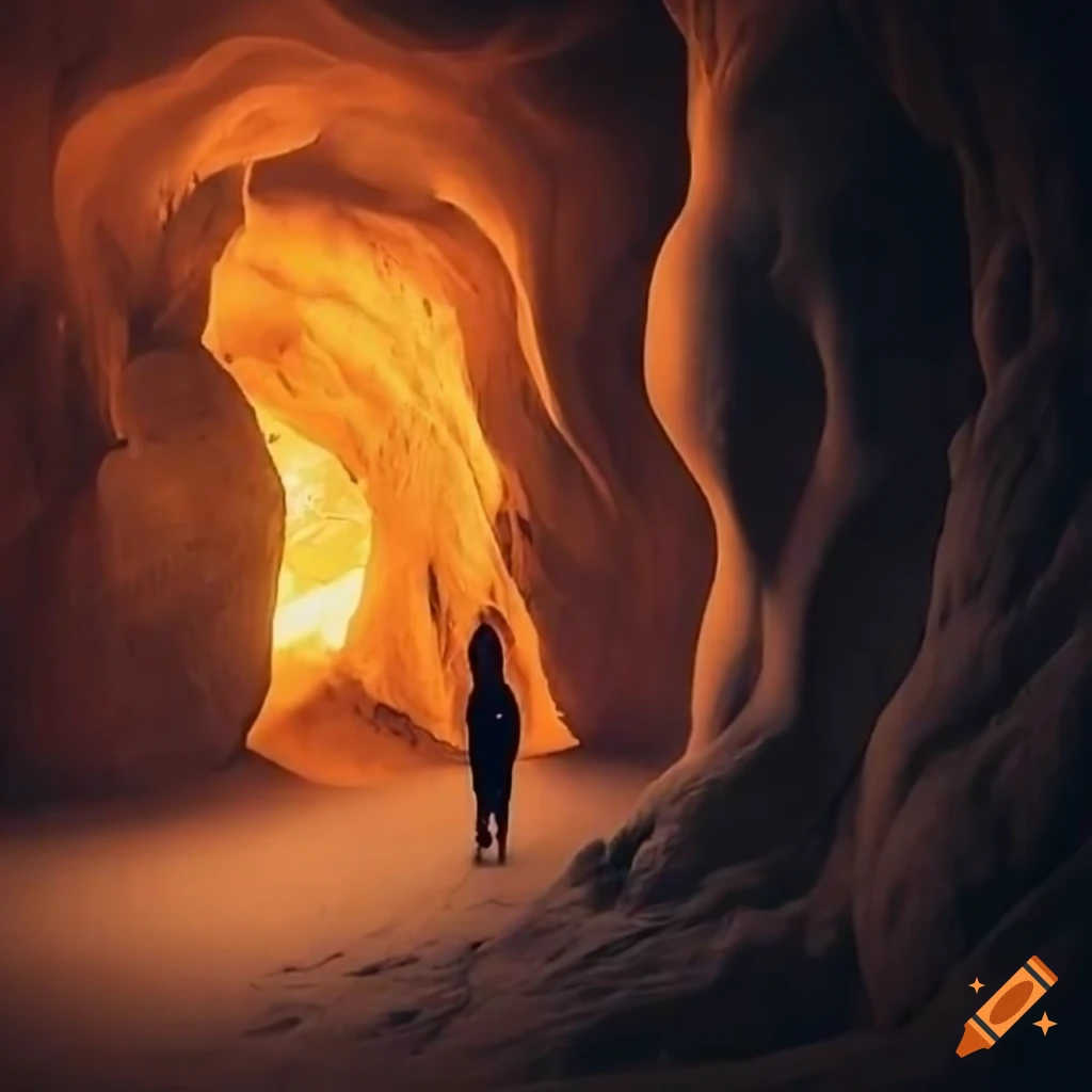 woman standing outside and looking into a fiery cave