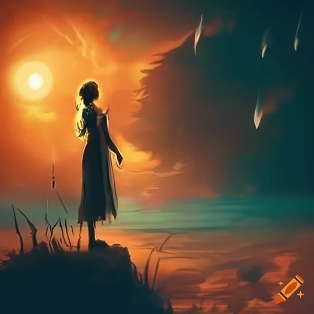 dreamy scene with sun, rain, and thunder