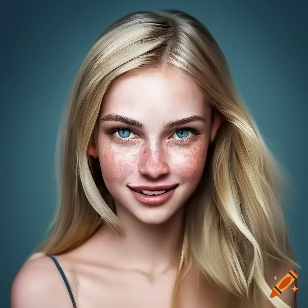 portrait of a young woman with freckles and blonde hair