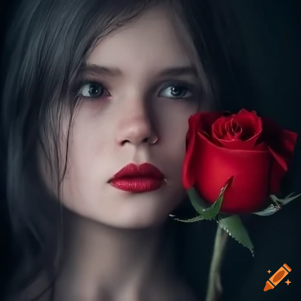 Girl With Red Rose In Black Hair 