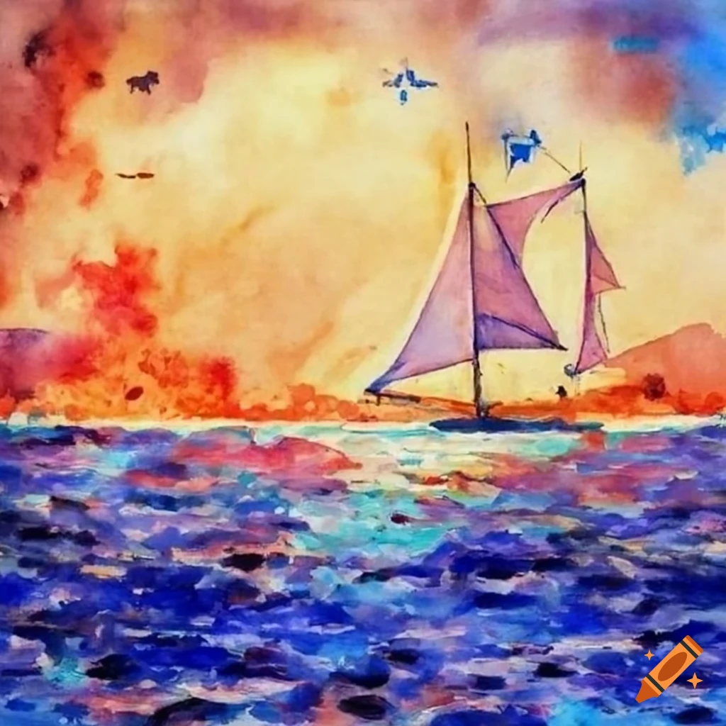 watercolor painting of a sailboat inside a volcano
