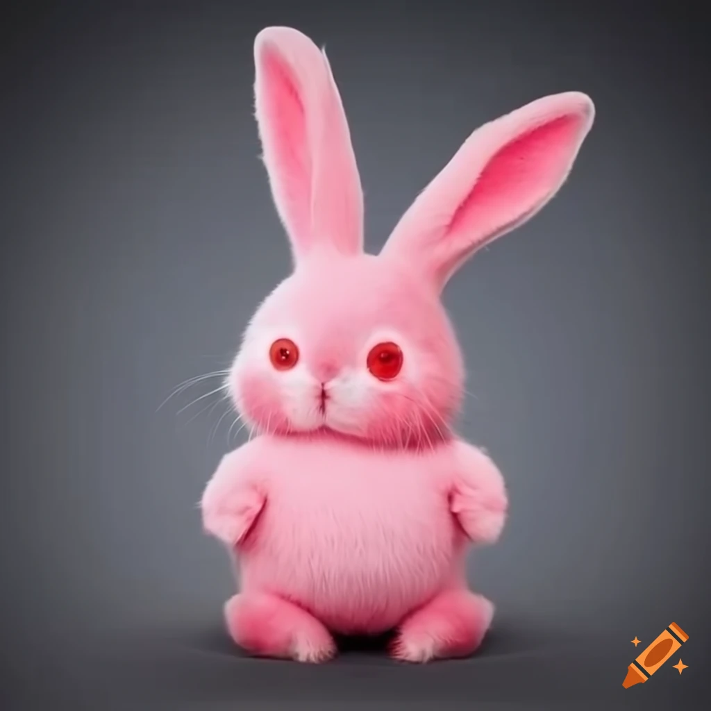 Fluffy pink rabbit standing on two legs with red eyes