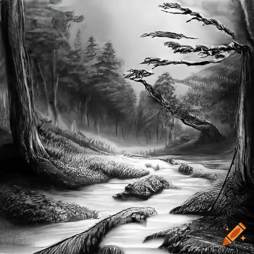 Detailed pencil drawing of a river in a forest on Craiyon