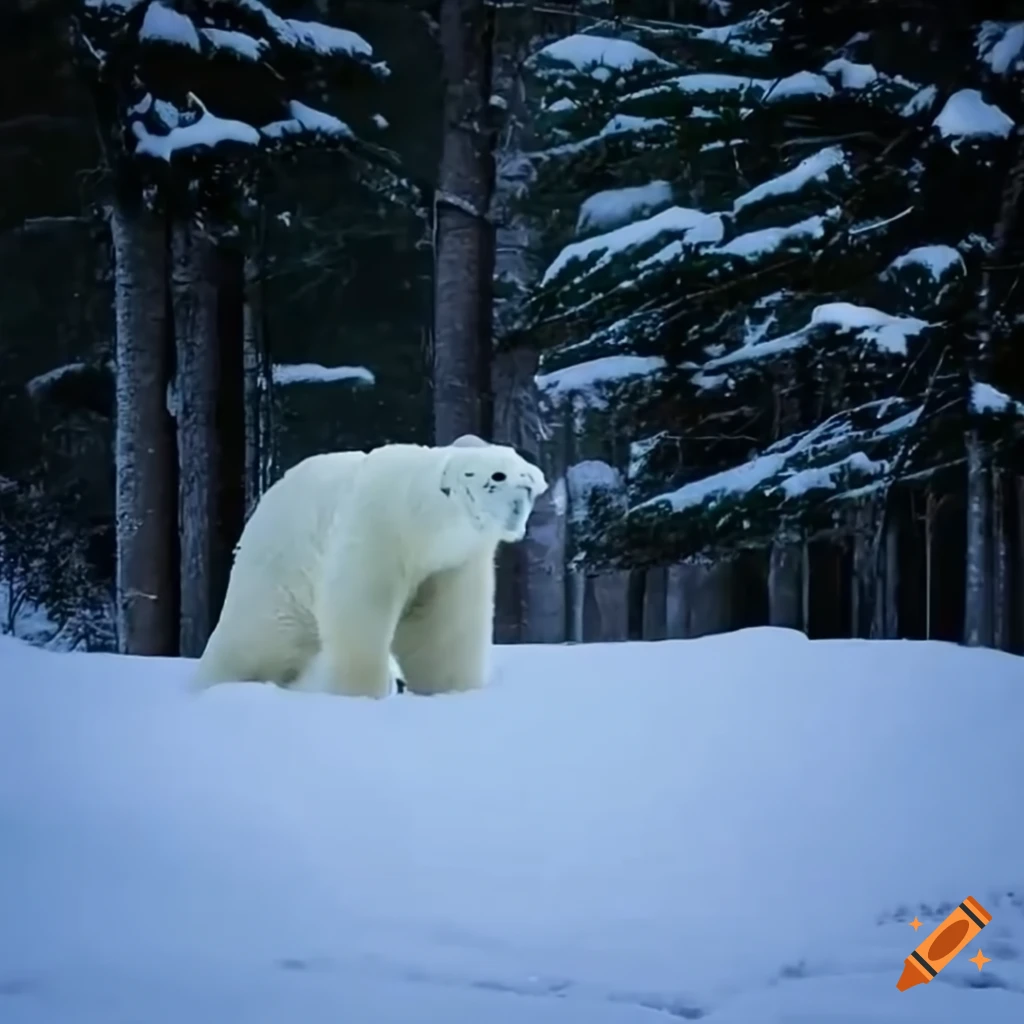 polar bear in a snowy forest at evening