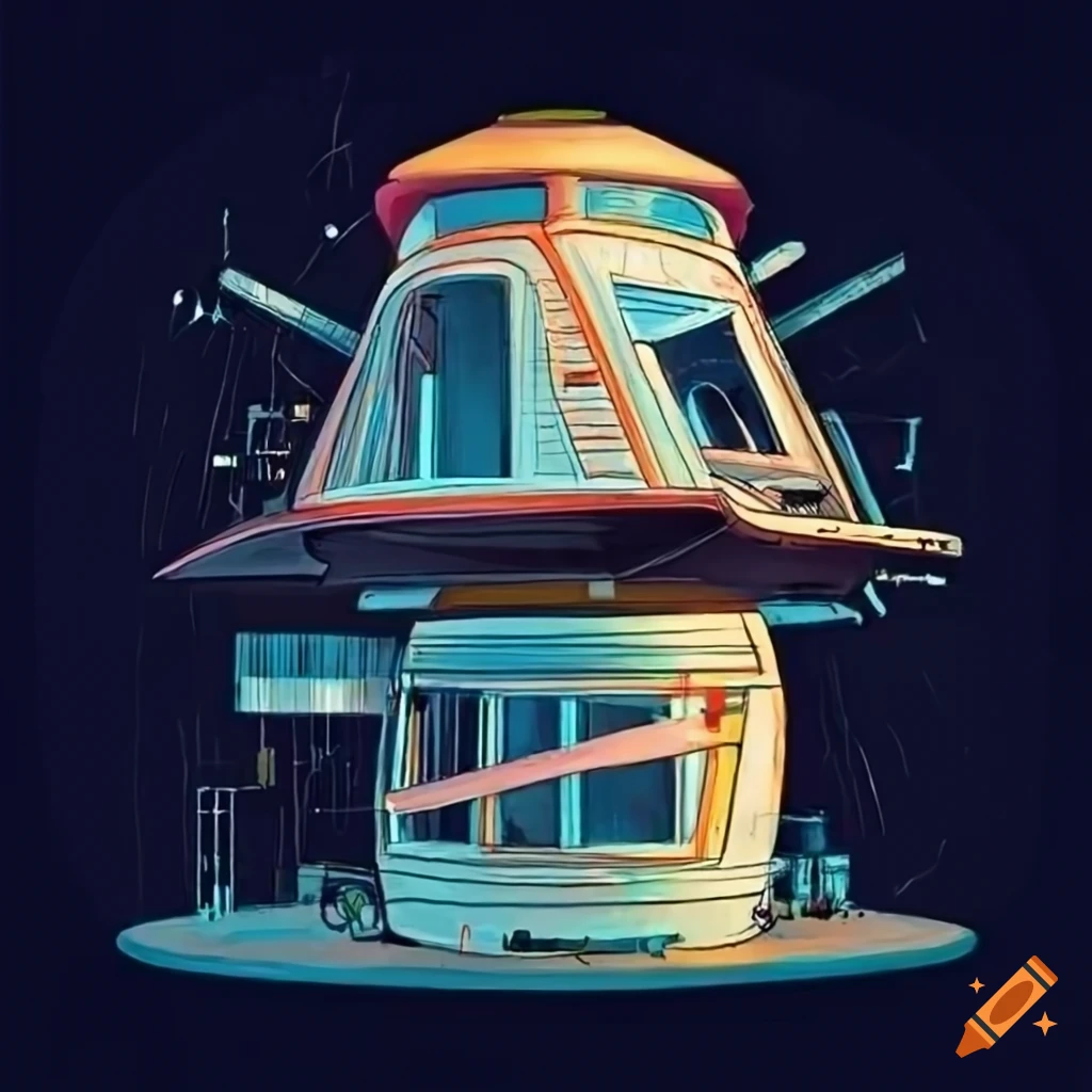 Retro futurism technical drawing of a unique living pod on craiyon