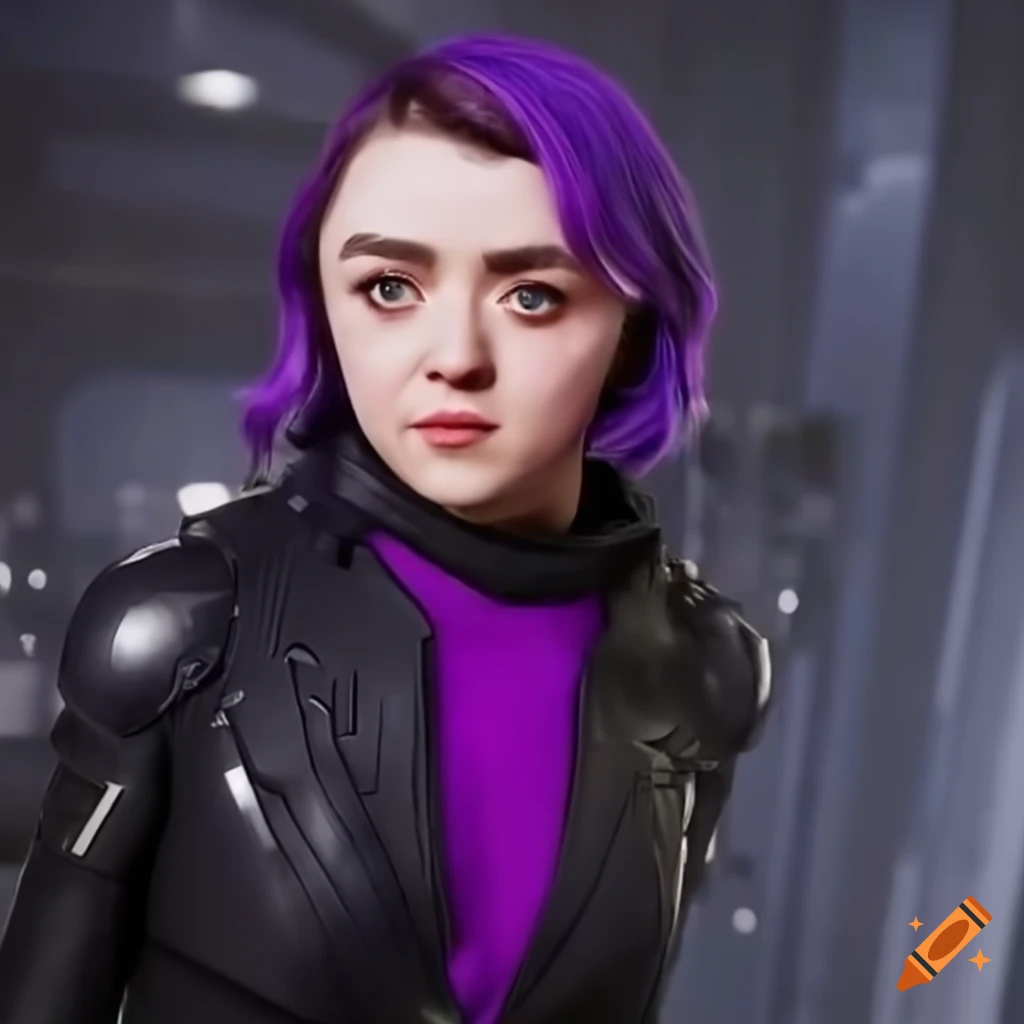 Sci-fi girl with purple hair and black jumpsuit holding a knife