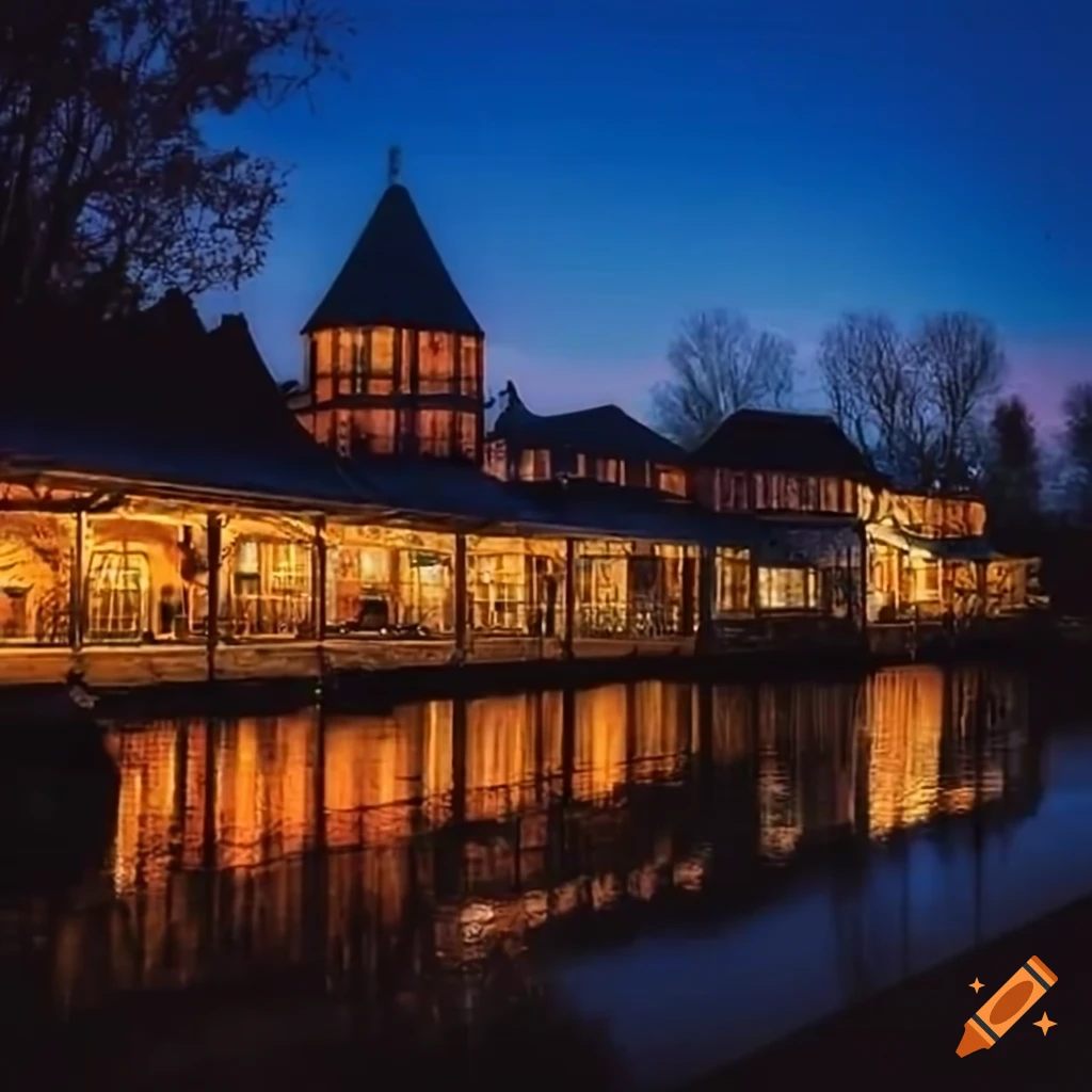 exterior view of a spacious American family restaurant by the riverside
