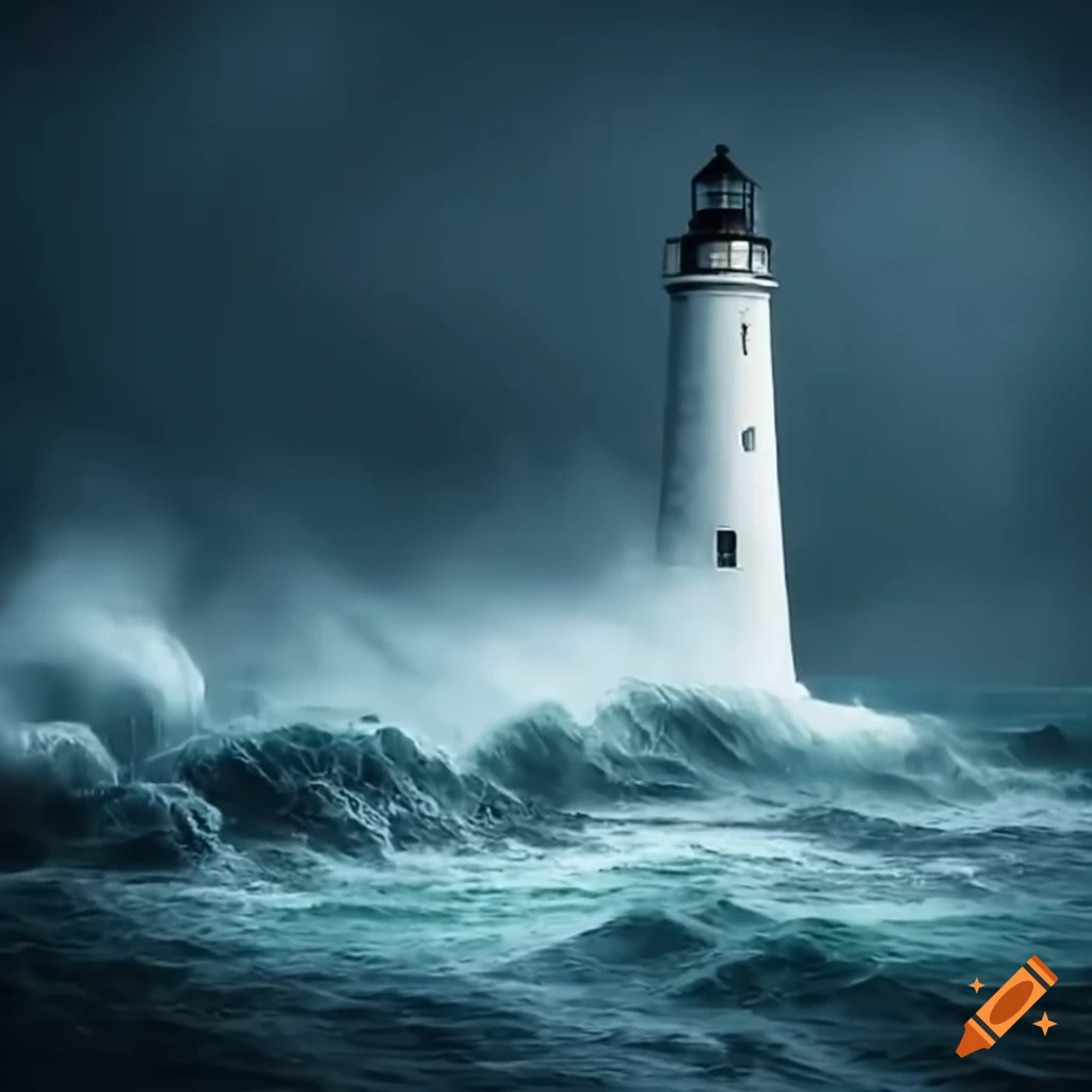 lighthouse fighting against crashing waves in a storm