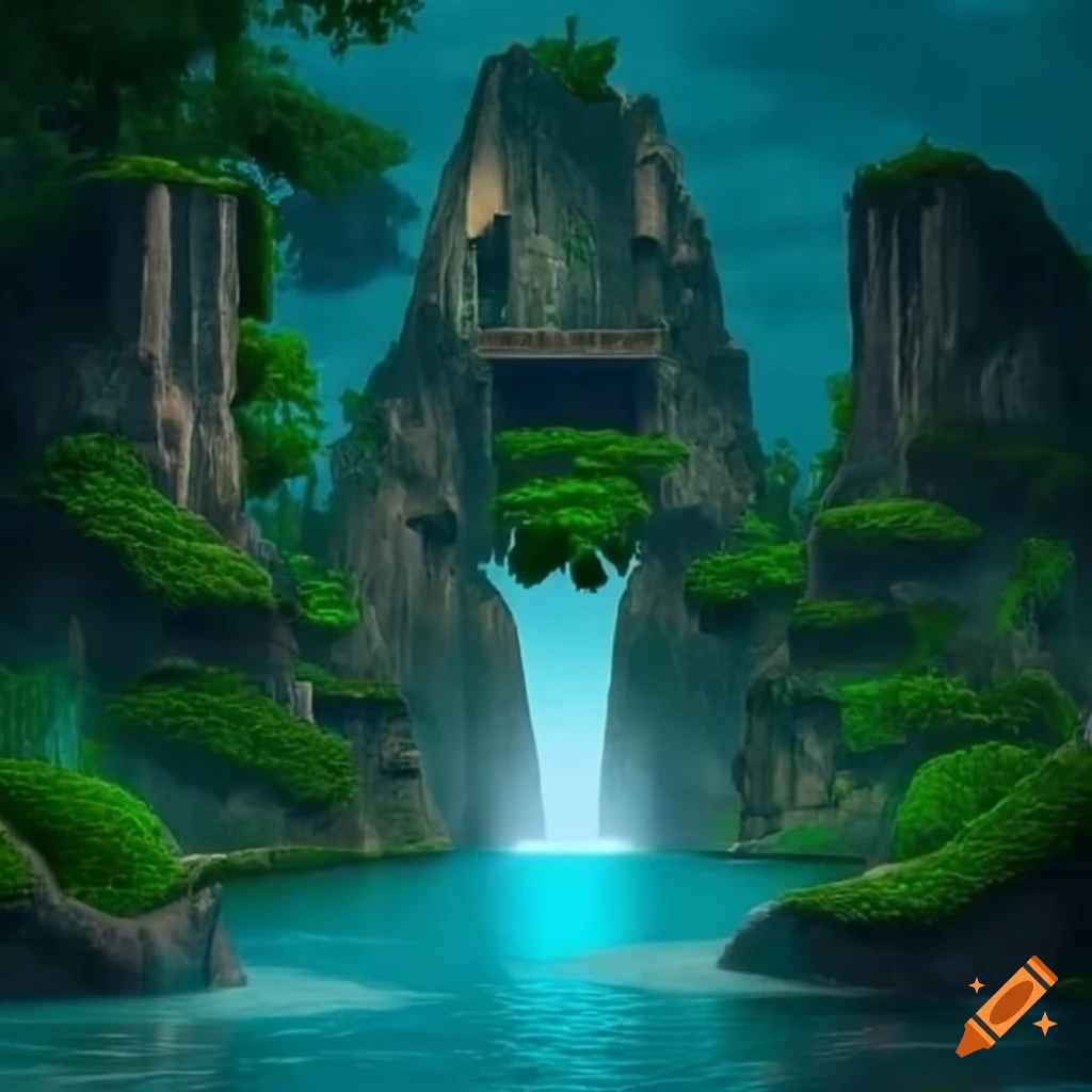 Magical jungle island with floating doors and ancient ruins on Craiyon
