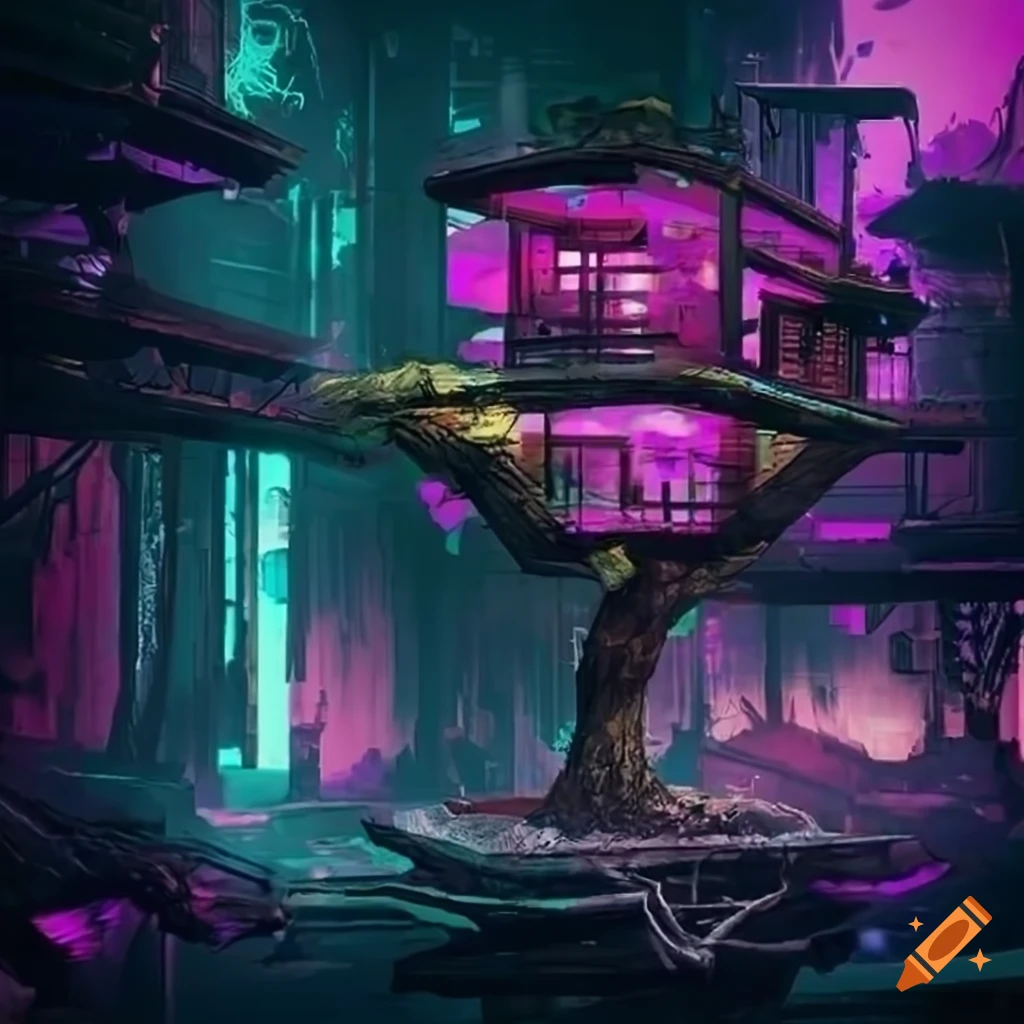 Futuristic Cyberpunk Tree House On Craiyon