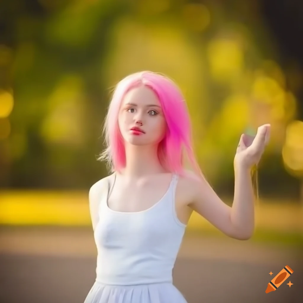 Fashionable Girl With Pink Hair And Yellow Lipstick