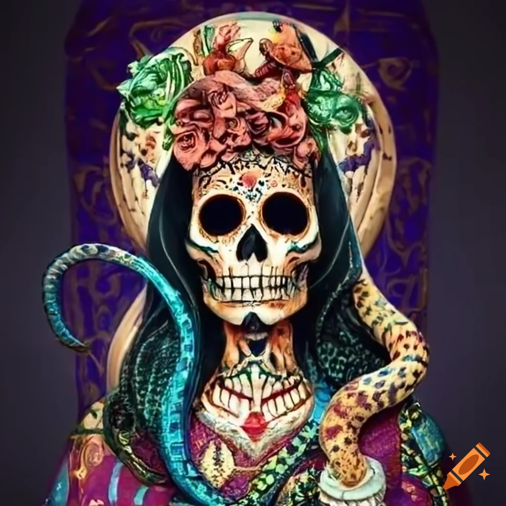 artistic depiction of Santa Muerte with a snake