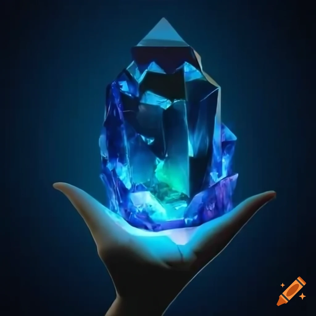 Hand holding a shiny crystal called xenotex on Craiyon