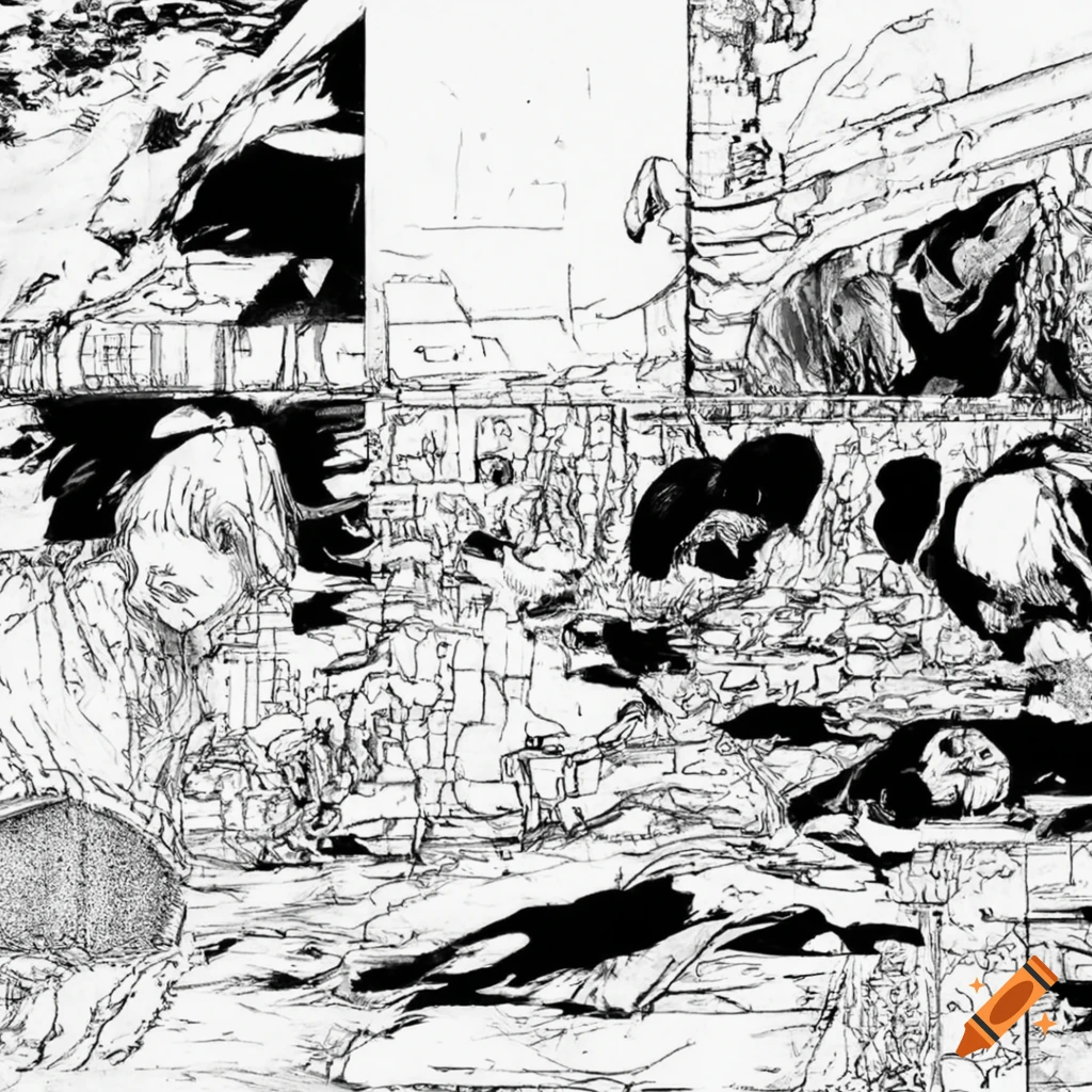 Highly detailed black and white manga panel with sharp outline on Craiyon