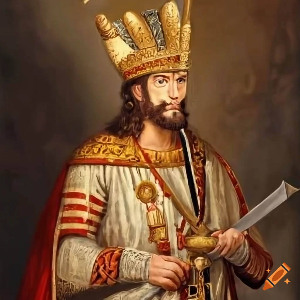 Historical painting of a slavic emperor with medieval sword