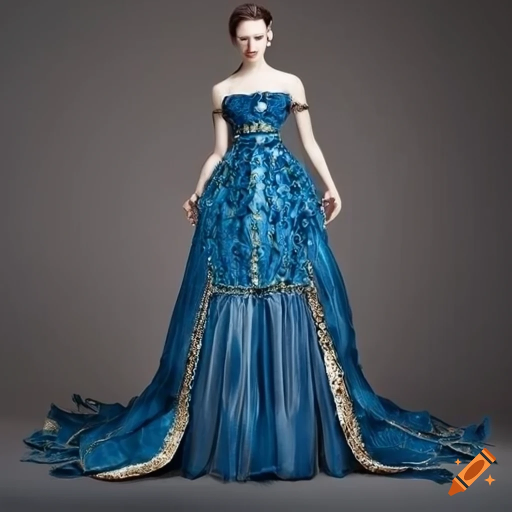 detailed dark blue sea shell gown with gold trims