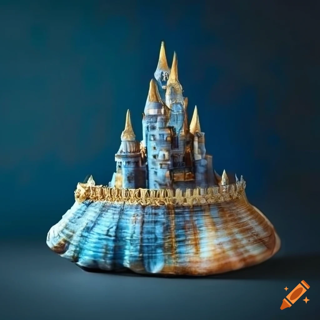 detailed sculpture of a castle made of a dark blue sea shell with gold trims