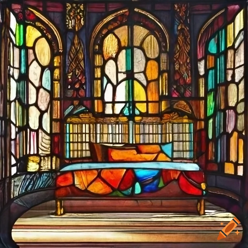 Stained glass window art of a bed on Craiyon