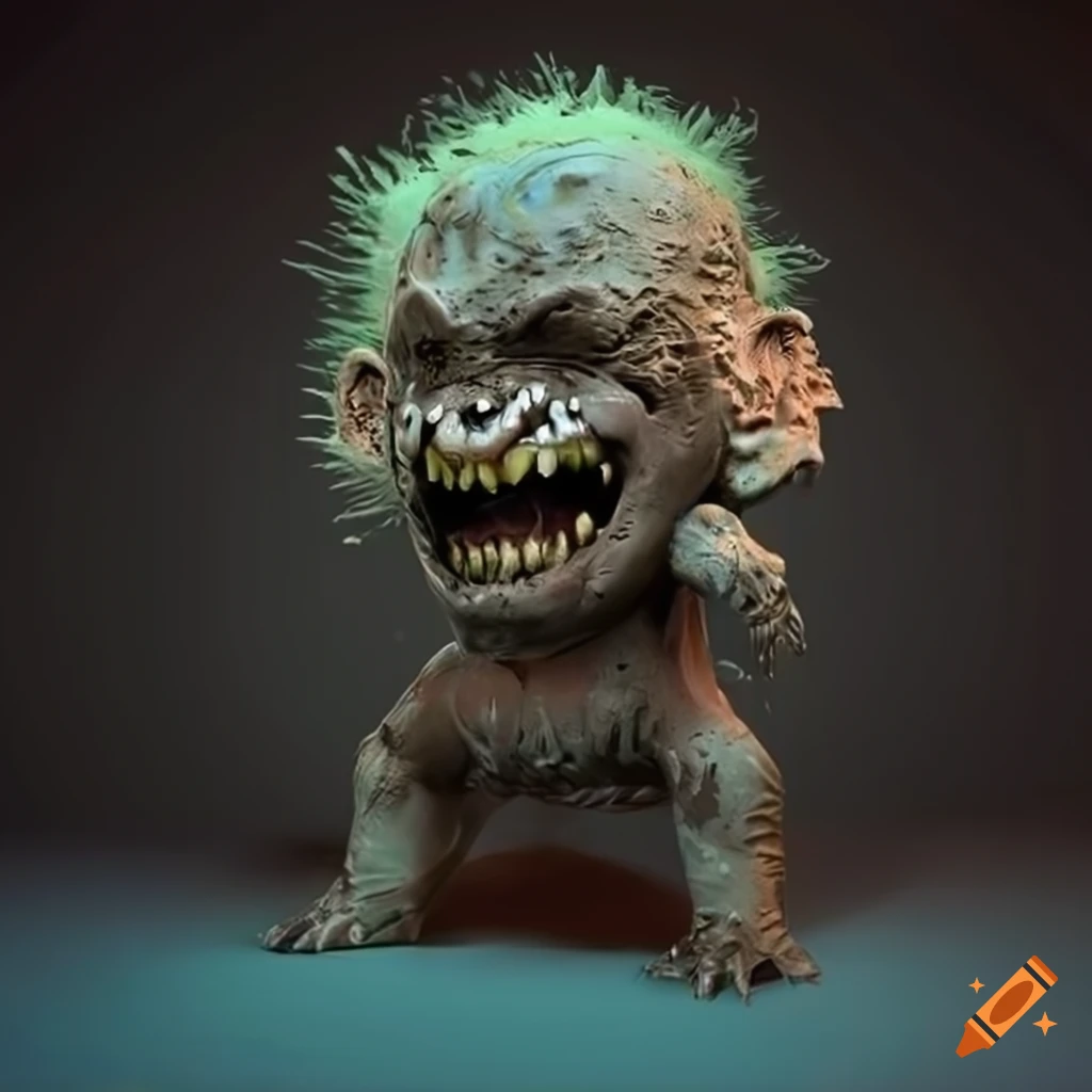 realistic 3D artwork of a happy mud monster under a bridge