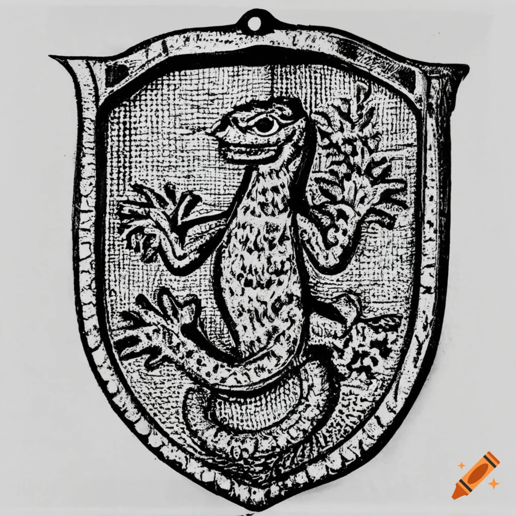 engraving of lizard head on a shield