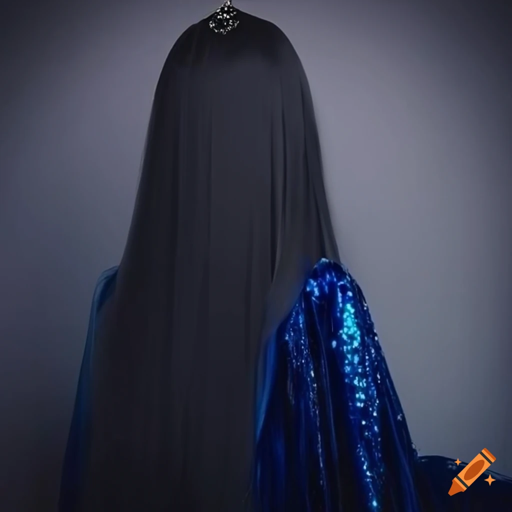 image of a princess in a long dark blue dress with silver sapphire jewelry
