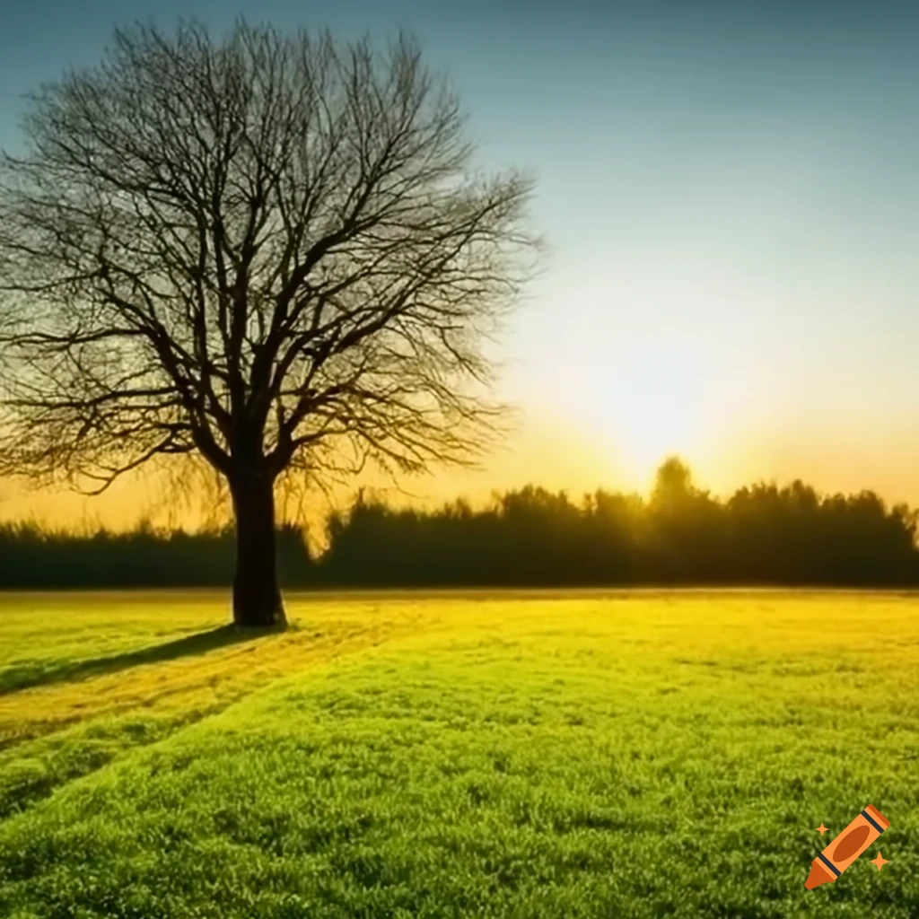 Morning sunlight on a tree in a meadow on craiyon