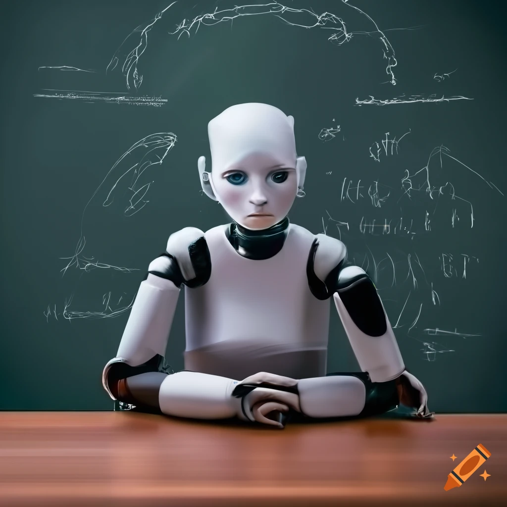 warm-toned image of a female robot taking an examination in a classroom