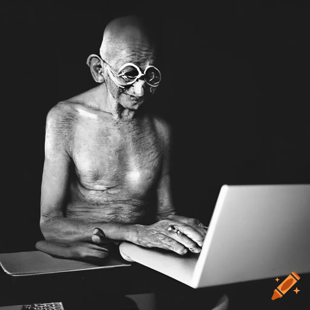 Mahatma gandhi using a computer at a desk on Craiyon