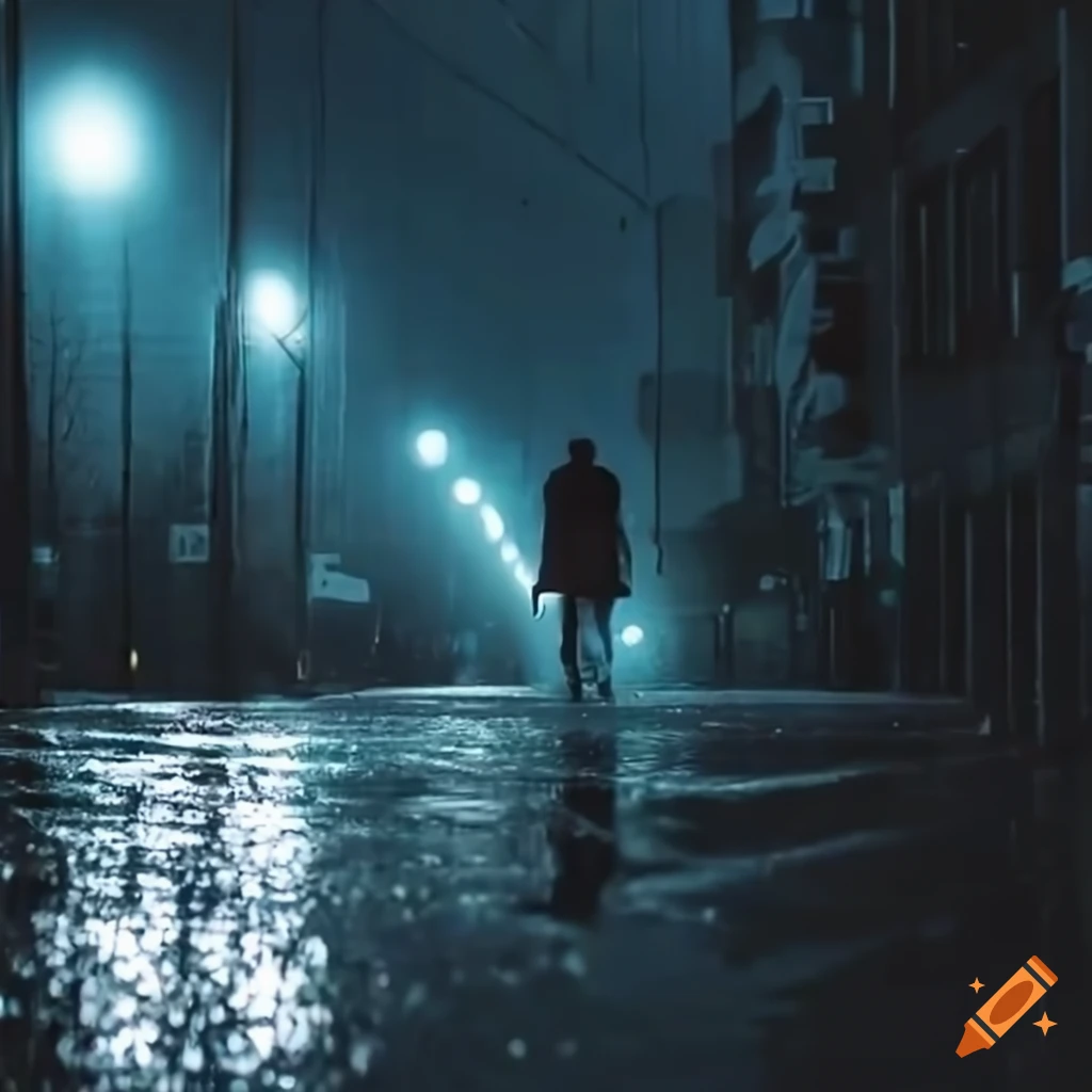 nighttime cityscape with a man walking in the rain