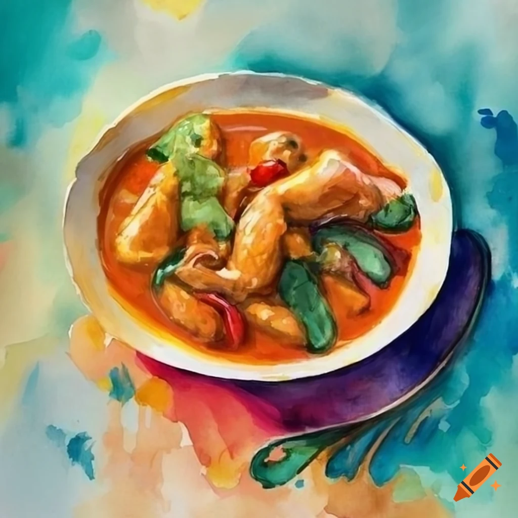 Watercolor painting of thai orange chicken curry on Craiyon