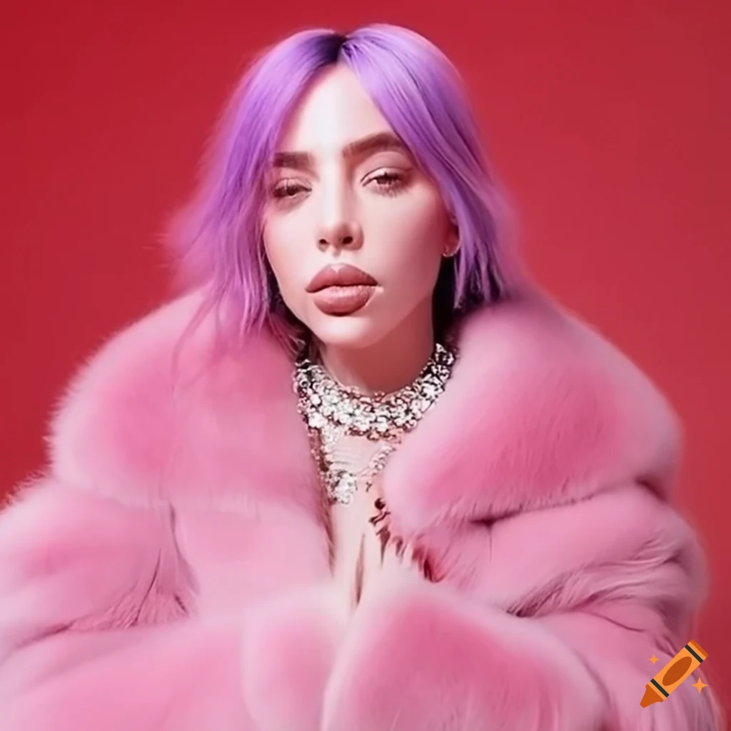 Billie eilish in a pink fur coat with long nails on Craiyon