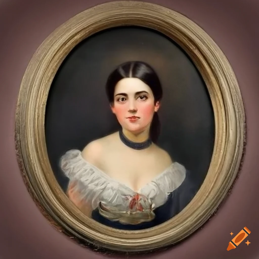 haunting portrait of a brunette woman in an oval frame