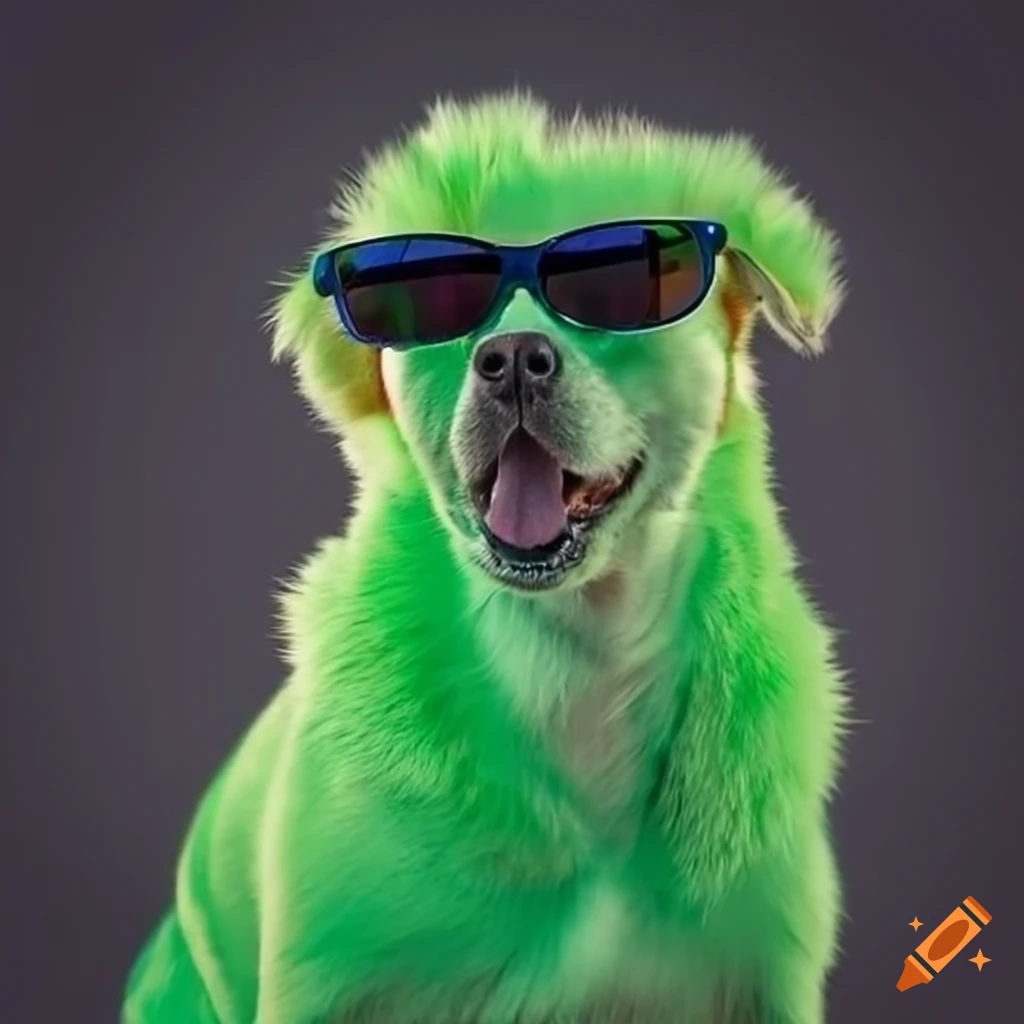 Dog with green fur and sunglasses on Craiyon