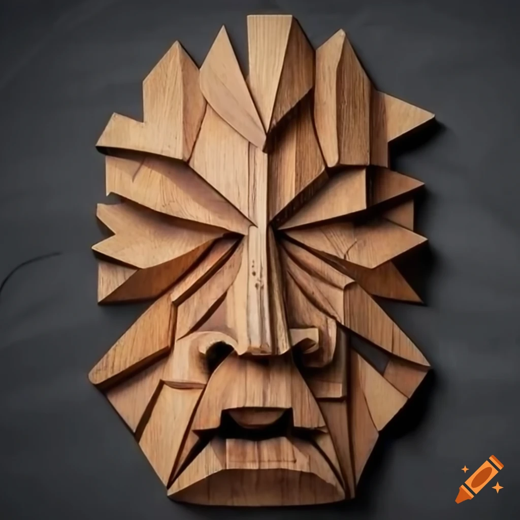 wooden carving of a demonic face with geometric shapes