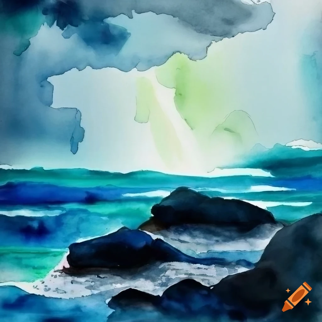 watercolor depiction of storm waves crashing against rocks