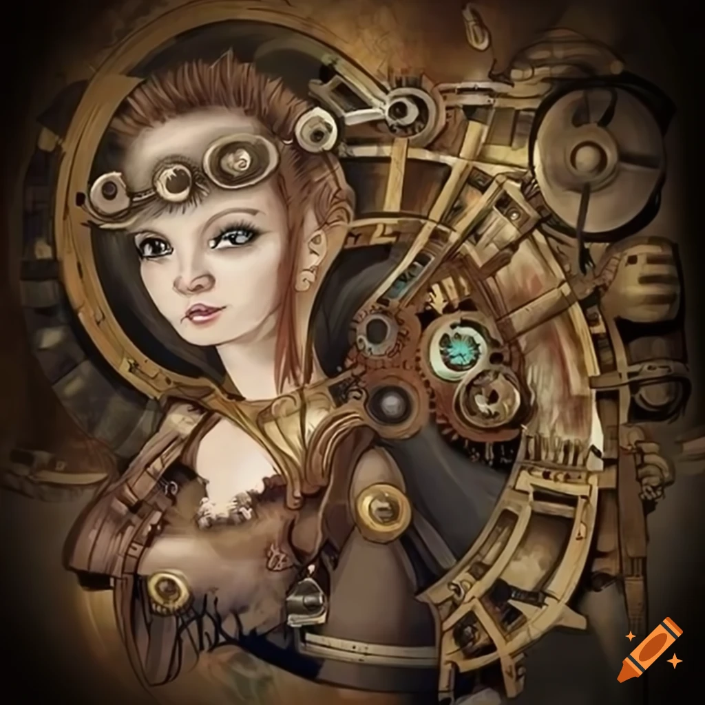steampunk illustration of girl with mechanical elements