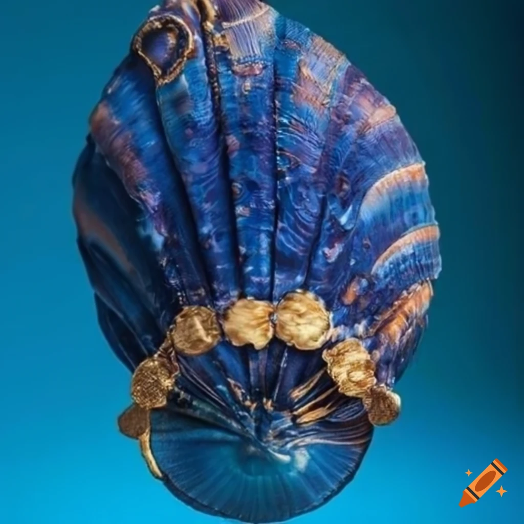detailed dark blue sea shell hat with gold trims