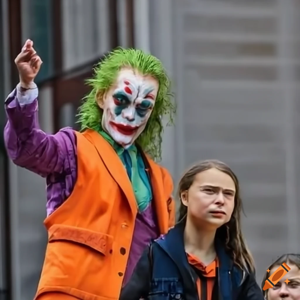 satirical image of the Joker and Greta Thunberg fighting for climate justice