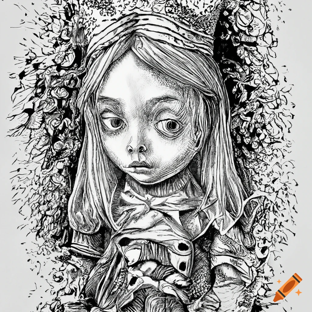 Detailed Pen And Ink Illustration Of Alice In Wonderland