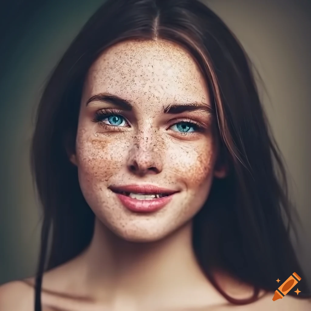 Portrait of a beautiful woman with freckles and dark brown hair on Craiyon