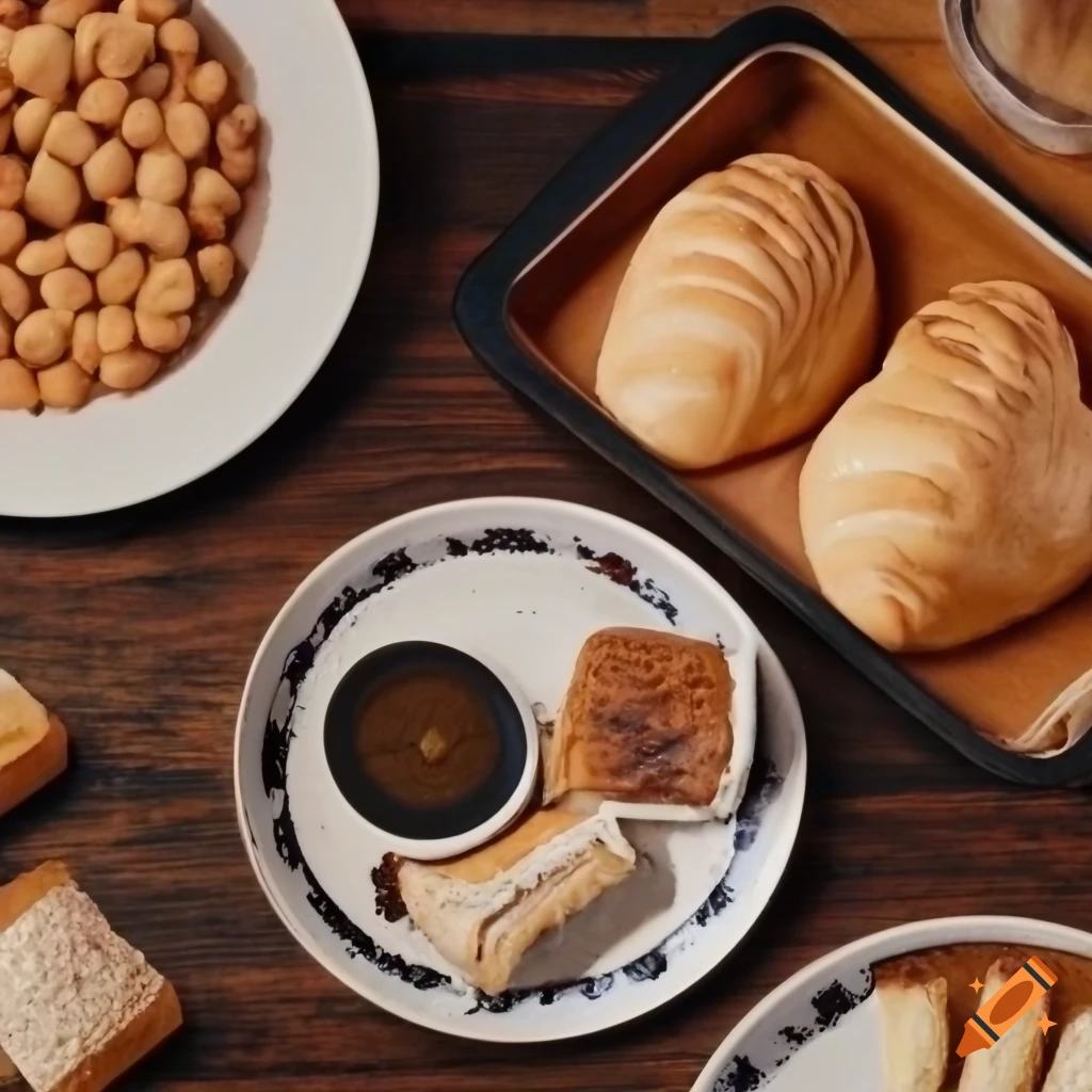 kitchen filled with oriental dishes and baked goods