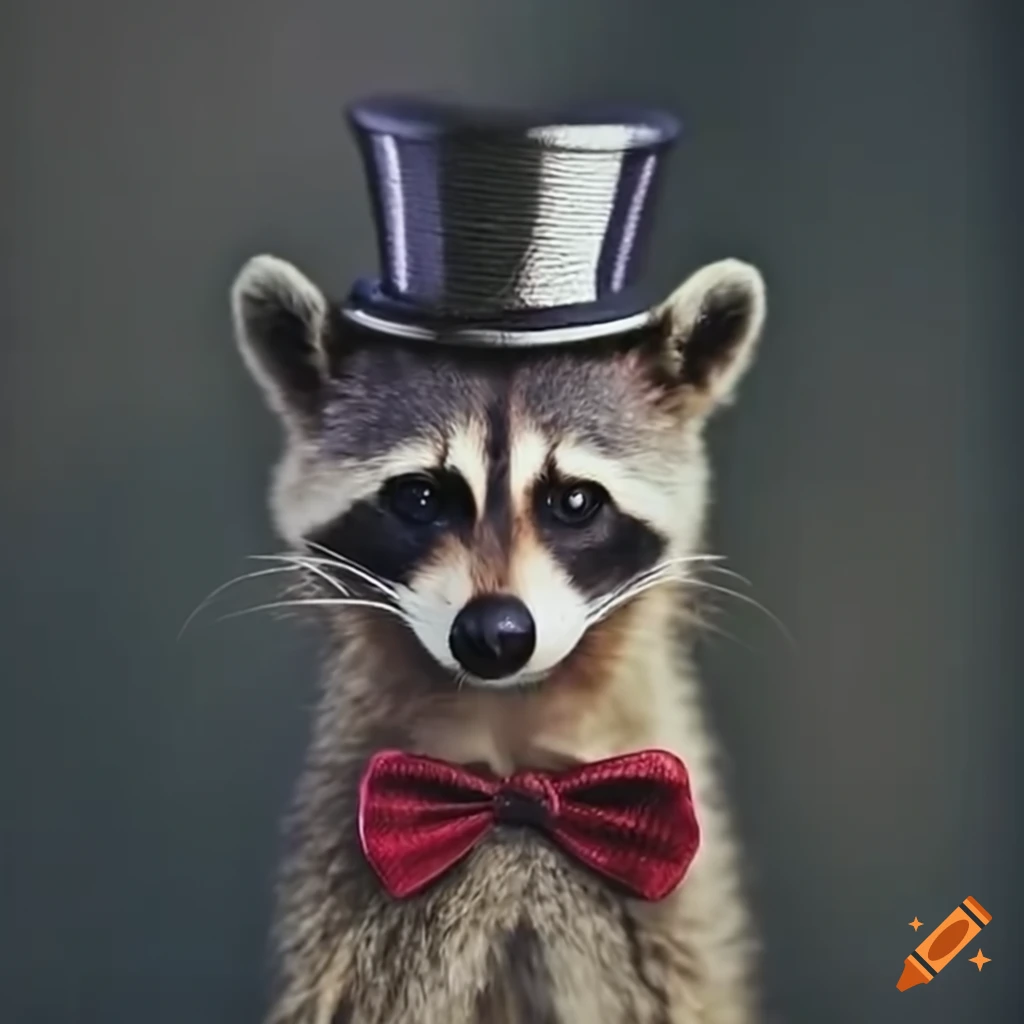 Adorable raccoon in a bowtie and top hat at a wedding on Craiyon